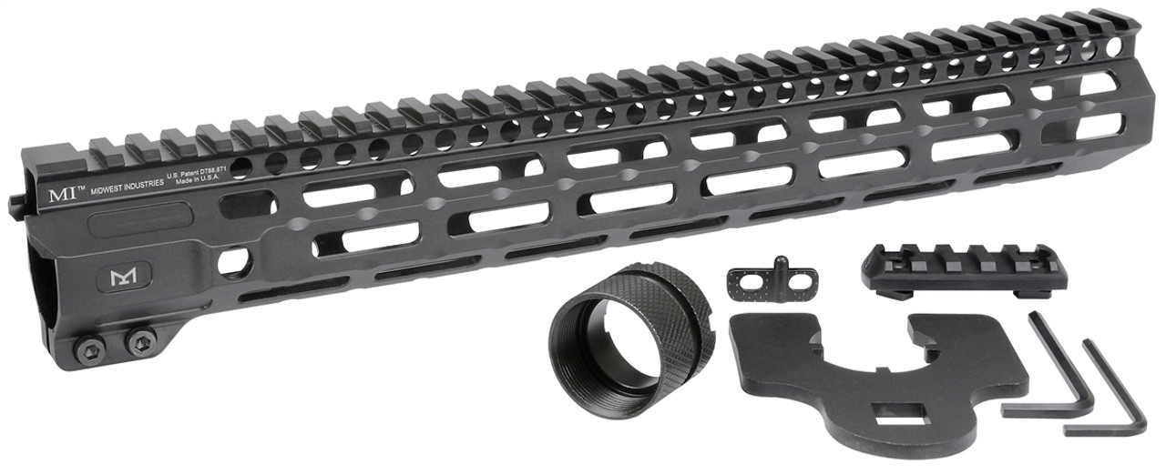 Midwest Industries Combat Rail One Piece Free Float Handguard with M-LOK and accessories, designed for enhanced shooting performance.